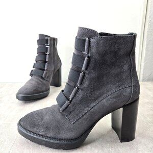 Aquatalia Ankle Boots Sz 8 Dark Gray Suede Edgy Chunky Block Heel Combat Booties